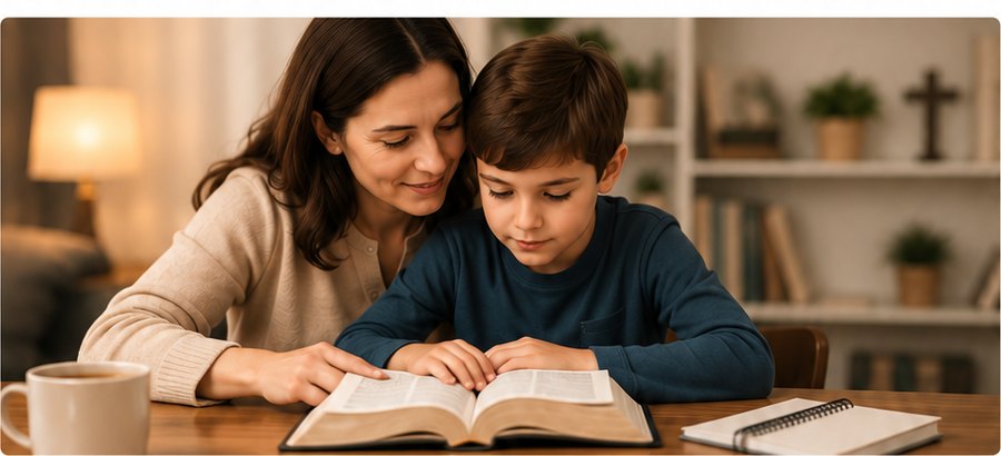 M&atilde;e e filho lendo a B&iacute;blia em casa